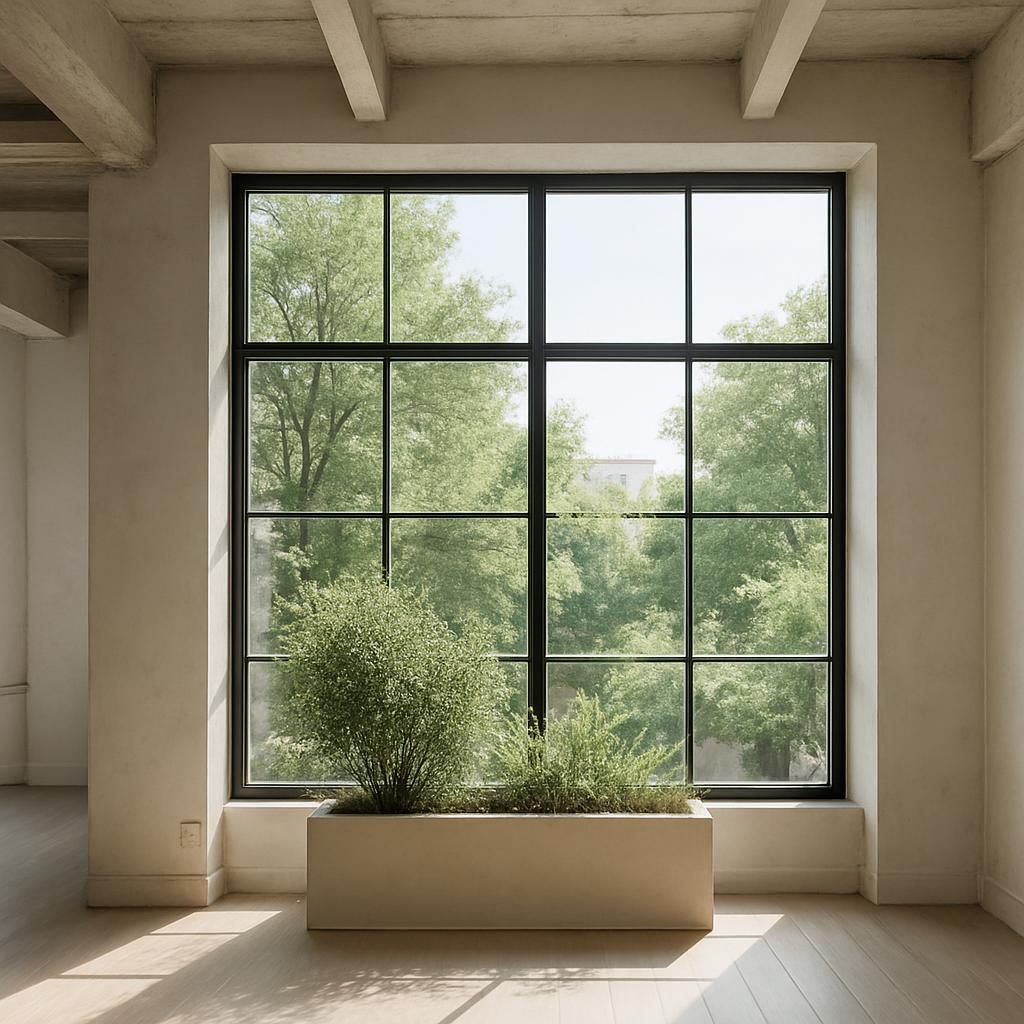 A large apartment with a large window and a planter in front of the window with a plant inside. There are trees visible th...