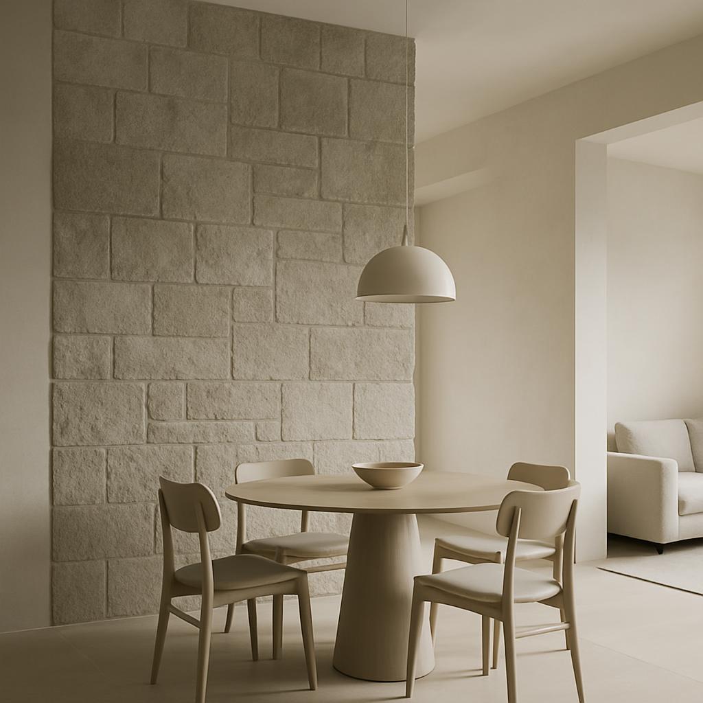 A minimalist dining area with a table and chairs.