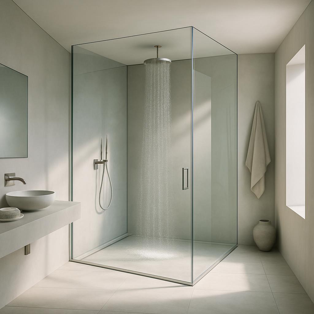 A bathroom with a prominent shower area, featuring a glass enclosure enclosing the area, with a countertop sink and a mirr...