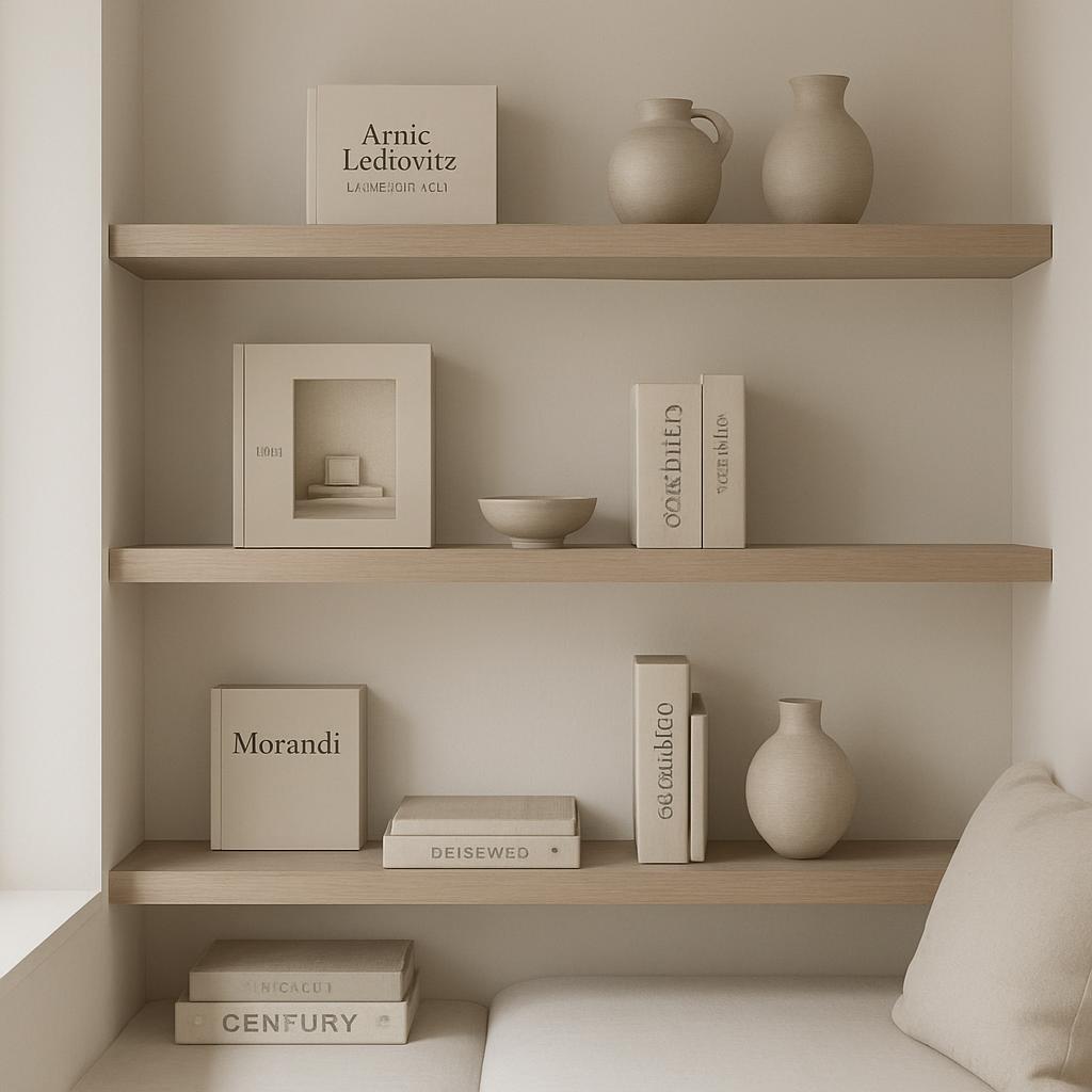 A shelf with books and decorative items against a wall.